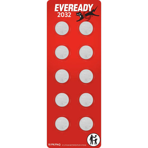 Top Shelf Cr2032 3V Lithium Coin Batteries 10 Pack on red packaging, ideal for watches and small electronics.