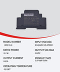 Ultra Slim DIN Rail Power Supply 24 Volt 0.63 Amp 15.2 Watt Compact Switching Adapter backside view with specifications.