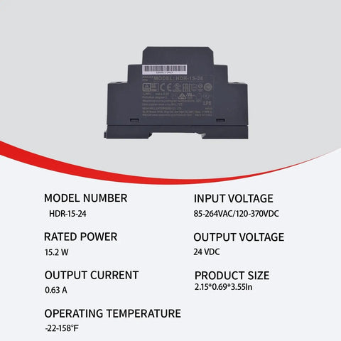 Ultra Slim DIN Rail Power Supply 24 Volt 0.63 Amp 15.2 Watt Compact Switching Adapter backside view with specifications.