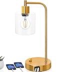 Golden Industrial Table Lamp With Two USB Ports And Glass Shade Vintage Desk Light Stepless Dimmable Bedside Reading Lamp