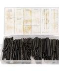 Pro Grade Spring Roll Pin Assortment Kit 450 Piece Black Oxide Steel Dowel Pins Set in open case showing variety of sizes