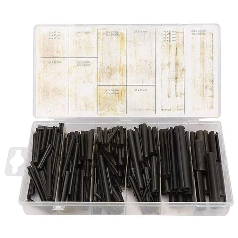 Pro Grade Spring Roll Pin Assortment Kit 450 Piece Black Oxide Steel Dowel Pins Set in open case showing variety of sizes