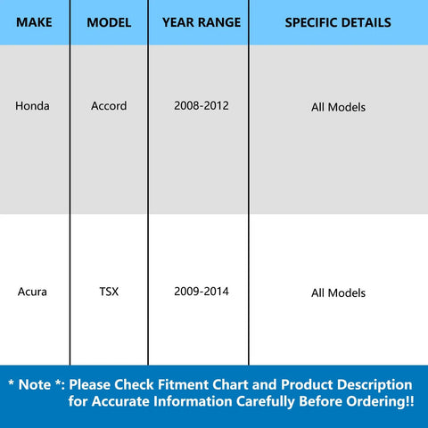 Fitment chart for Pair Rear Wheel Bearing And Hub Assembly Fits Acura TSX 2009 To 2014 And Honda Accord 2008 To 2012