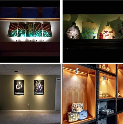 8 Pack 1W Warm White LED Mini Spotlights With 360 Degree Rotatable Heads illuminating cabinets and art displays