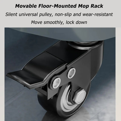 Casters of Heavy Duty Floor Mounted Mop Rack And Broom Holder With Stainless Steel Frame And Thick ABS Tray
