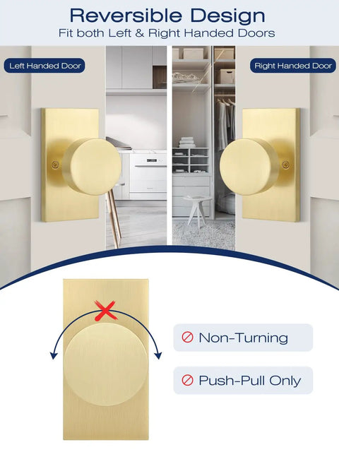 Two Pack Brushed Gold Dummy Door Knobs For Interior Doors Non Functional Decorative Handles For Closets And Pantries Single Side Install Zinc Alloy Build For Easy Push Pull Access, reversible design