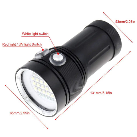Dimensions and switches detailed view of Underwater Scuba Diving Video Light With White UV Red Modes 120 Degree Wide Beam For Dope Fluorescence Photography Torch For Marine Life Dive Fill Light With Handle Battery Not Included.