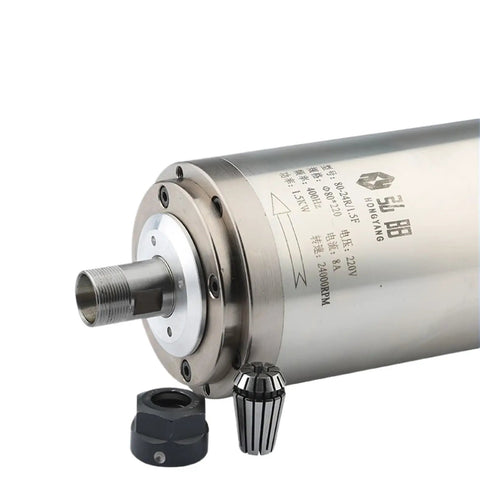 Close-up of Water Cooled ER16 ER11 Router Motor 220V Speedy Workhorse for Woodworking, showing 80mm diameter CNC part.