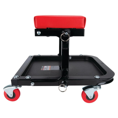 Foldable C Frame Creeper Rolling Work Seat With Tool Tray For Mechanics In Garages And Shops Black Red side view