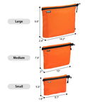 Three Pack Travel Toiletry Bags for Men Carry-On Organizer Pouch Set Zippered Cosmetic and Electronics Pouches Durable Nylon Ripstop Water-Repellent On-The-Go Portable Packing Cubes in Orange showing large, medium, and small sizes.