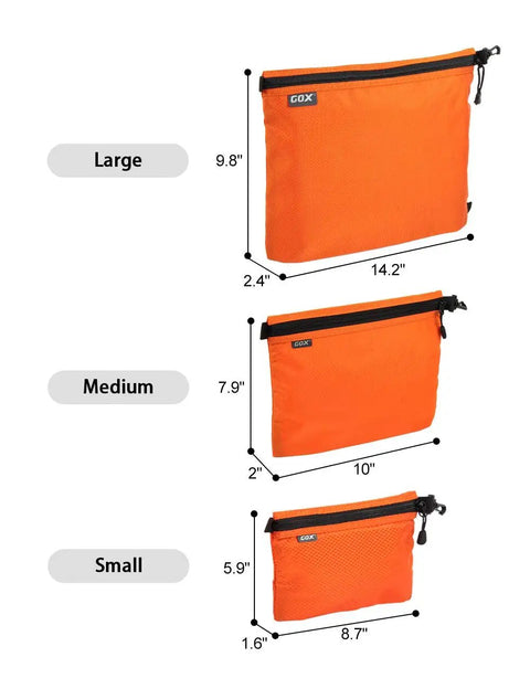 Three Pack Travel Toiletry Bags for Men Carry-On Organizer Pouch Set Zippered Cosmetic and Electronics Pouches Durable Nylon Ripstop Water-Repellent On-The-Go Portable Packing Cubes in Orange showing large, medium, and small sizes.