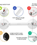 Heavy Duty Shower Grab Bar With Mighty Suction For Bathtub And Shower Supports Up To 253 Pounds 18.5 Inch White Handicap Safety Handle shown with lock features and suction cups.