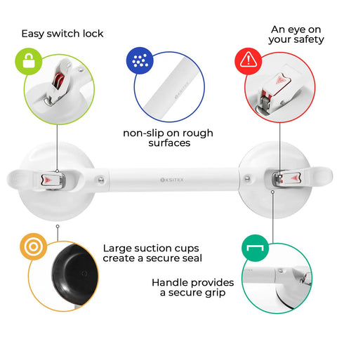 Heavy Duty Shower Grab Bar With Mighty Suction For Bathtub And Shower Supports Up To 253 Pounds 18.5 Inch White Handicap Safety Handle shown with lock features and suction cups.