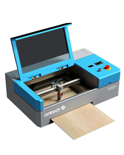 OMTech K40+ 45W CO2 laser engraver, blue/gray desktop unit with 12x8 in engraving bed.