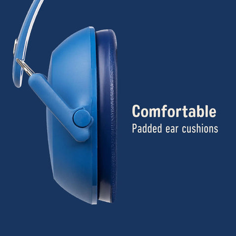 Side view of blue Kid Friendly Hearing Protection With Adjustable Headband, 22 dB NRR, featuring padded ear cushions.