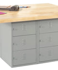 Heavy Duty Workshop Workbench With Twelve Horizontal Lockers And Secure Padlock Hasps Solid As A Rock Steel Base Topped With Premium Hardwood Top Gray Finish, featuring solid wood top and twelve compartments.