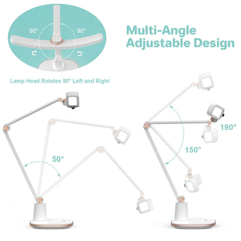 E Reading LED Desk Lamp With Monitor Sensor Touch Control Auto Dimming Swing Arm Eye Caring Desk Light showing adjustable angles
