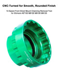 CNC machined 12 Speed Front Direct Mount Chainring Removal Tool for MTB and Road Cranksets, green, side view