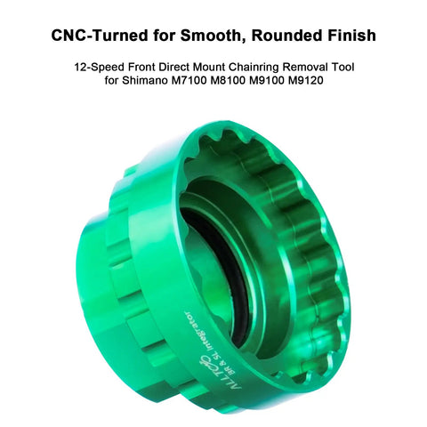 CNC machined 12 Speed Front Direct Mount Chainring Removal Tool for MTB and Road Cranksets, green, side view