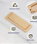 Gold rectangular handle with rounded corners and fingerprint prevention, showcasing multilayer process and corrosion resistance symbols.