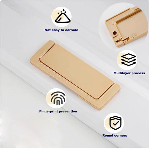 Gold rectangular handle with rounded corners and fingerprint prevention, showcasing multilayer process and corrosion resistance symbols.