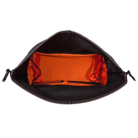 Inside view of 4 In 1 Dayliner Box Bag 20 Liter Water Resistant Rolltop For Bike Handlebars, Rack, Trunk showing orange interior lining.
