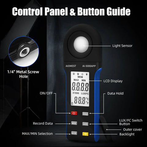 Bluetooth Light Meter With App For Indoor Plants Photography And Aquarium Lighting AIOMEST Digital Lumen Tester 0.1 To 400000 Lux FC Range 270 Degree Rotating Sensor Real Time Monitoring And Data Logging, control panel and buttons shown