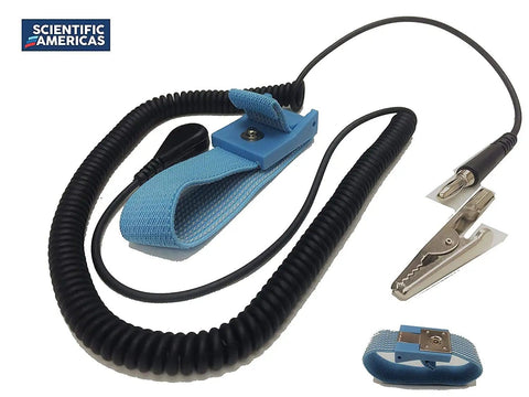 Pro Grade Anti Static Soldering Mat Kit with wrist strap and dual grounding, ANSI ESD S20 20 compliant, blue wrist strap close-up.