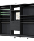 Spacious 97 Inch Closet System With Integrated Mirror And Four Deep Drawers Heavy Duty Wood Wardrobe Rack With Four Hanging Rods And Flexible Adjustable Shelves For No Fuss Walk In Storage In Matte Black, showcasing shelving and drawers.