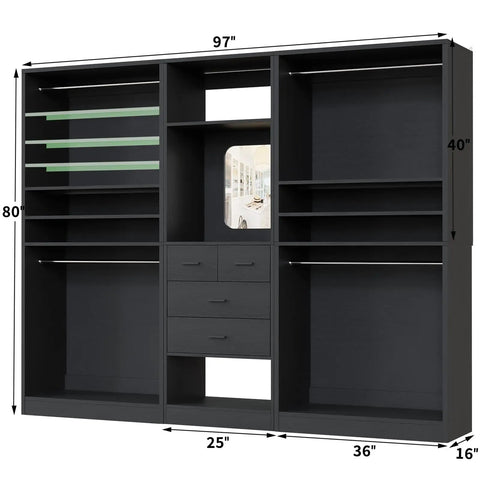 Spacious 97 Inch Closet System With Integrated Mirror And Four Deep Drawers Heavy Duty Wood Wardrobe Rack With Four Hanging Rods And Flexible Adjustable Shelves For No Fuss Walk In Storage In Matte Black, showcasing shelving and drawers.