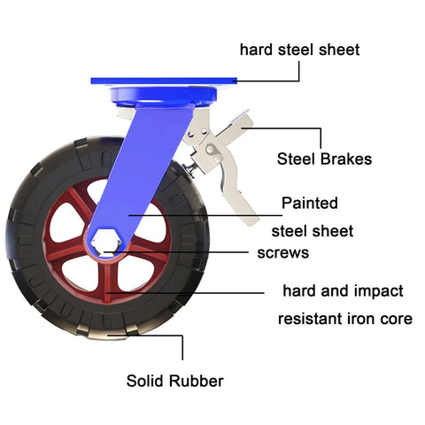 Built Tough Heavy Duty Industrial Casters Featuring Rock Solid Rubber Tires and Secure Swivel Plates with Dependable Foot Brakes image showing solid rubber tire and steel brakes
