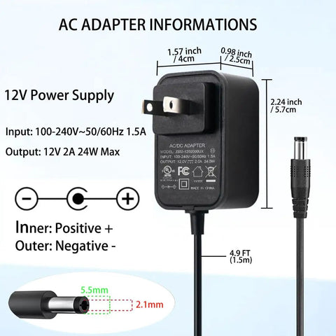 Versatile 12V Power Supply 2A AC Adapter 100-240V Input 50-60Hz 24W With 5.5x2.1mm DC Plug And 8 Quick Swap Tips For LED Strip CCTV Camera Router Bluetooth Speaker And More Includes 1.5m Power Cord, black wall adapter with 1.5m cord