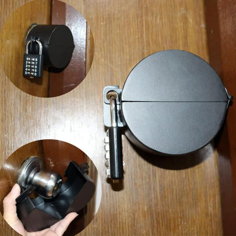 Door knob lockout device, black metal, with padlock; housing and mounting bracket prevent knob turning and key access.