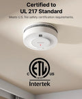 Interconnected Smoke Alarms 21 Pack With 10 Year Sealed Battery mounted on a ceiling, certified to UL 217 standard.