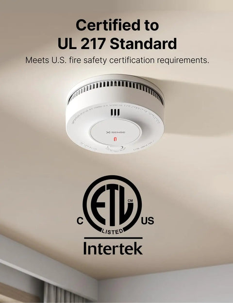 Interconnected Smoke Alarms 21 Pack With 10 Year Sealed Battery mounted on a ceiling, certified to UL 217 standard.