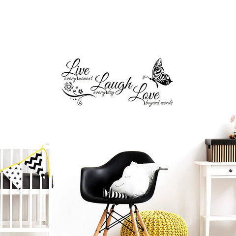 Live Every Moment Laugh Every Day Love Beyond Words Wall Decal Vinyl Quote For Bedroom Decor with butterfly design on wall
