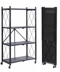 Heavy Duty 4 Tier Foldable Storage Shelf, Massive Rolling Wire Rack With Pivoting Casters, tool-free assembly, black metal frame, collapsible design.