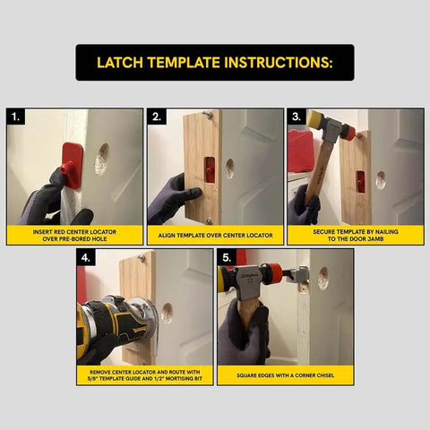 Latch template instructions for Heavy Duty Bamboo Router Template Kit For Door Latch And Deadbolt Strike Plates, showing setup steps.