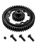 Close-up RC gear set: 50T spur and 20T pinion gears, hardened steel, black; includes four screws