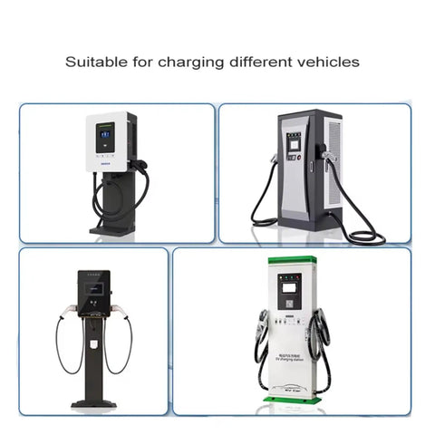 Four Heavy Duty Level Three DC Fast EV Chargers showing different designs for versatile vehicle charging solutions.