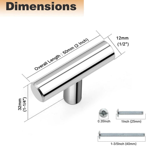 10 Pack Euro Round T Bar Knobs With 2 Inch Overall Length Polished Chrome Finish Stainless Steel Kitchen Cabinet Knob Dimensions