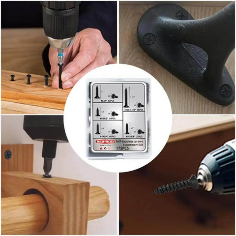 Wood Screws Assortment Kit 175 Pieces With Phillips Flat Head Self Tapping Screws in use on different materials, black zinc plated.