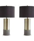 Modern Metal Table Lamp Set With Drum Shades 3 Way Switch Gray And Brass Finish Poly Resin Base 15 Inch Wide 27.25 Inch Tall 2 Lamp Pack