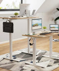 Straight Up Slick Electric Standing Desk With Adjustable Height Motorized Sit Stand Home Office Workstation with white frame and wood top.