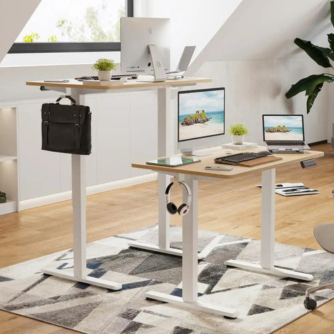 Straight Up Slick Electric Standing Desk With Adjustable Height Motorized Sit Stand Home Office Workstation with white frame and wood top.