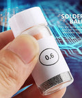 Pro Grade BGA Reball Solder Balls Kit 0.6mm bottle for GPU CPU IC chips and PCB soldering held in hand, showing label and balls inside.