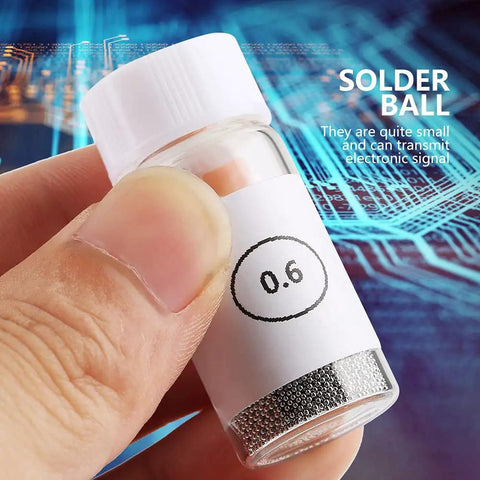 Pro Grade BGA Reball Solder Balls Kit 0.6mm bottle for GPU CPU IC chips and PCB soldering held in hand, showing label and balls inside.