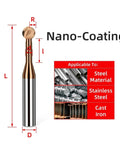 Professional Tungsten Carbide Ball Nose End Mill For Metal Machining with nano-coating and dimensions displayed.