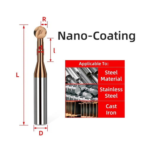 Professional Tungsten Carbide Ball Nose End Mill For Metal Machining with nano-coating and dimensions displayed.