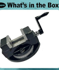 Heavy Duty Self Centering Milling Machine Vice With Swivel Base 2 Inch Jaw Capacity Rotates 360 Degrees, showcasing rugged design and turn handle.
